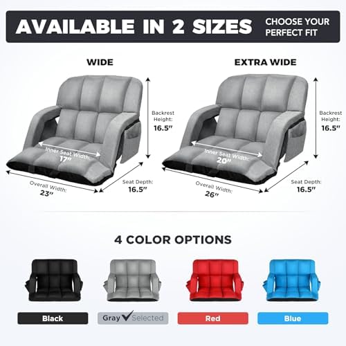 Stadium Seats with Back Support Wide, 4.7" Padded Bleacher Seat, 6-Position Reclining Bleacher Chairs with Back and Cushion, Sofa Style Ergonomic Design for Sports Games Baseball Football (25"Grey)
