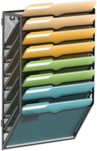 SUPEASY 8 Tier Wall File Organizer, Hanging Wall Mounted Mail Organizer with Label Slots, Metal Mesh File Holder Magazine Rack for Office, Home, School or Classroom, Black