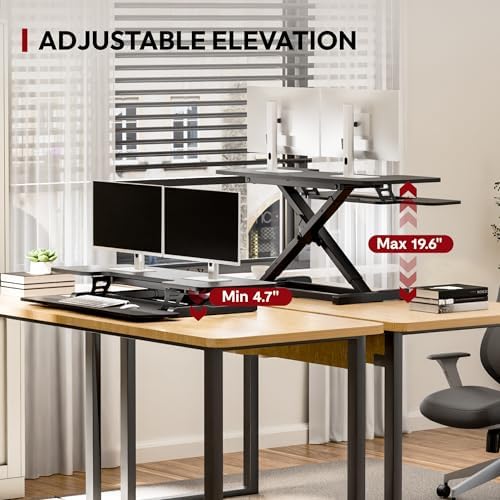 SANODESK 42" Extra Large Standing Desk Converter, Height Adjustable Sit Stand Riser with Wide Keyboard Tray, Dual Monitor Workstation for Home Office, Ergonomic Desktop Riser, Black