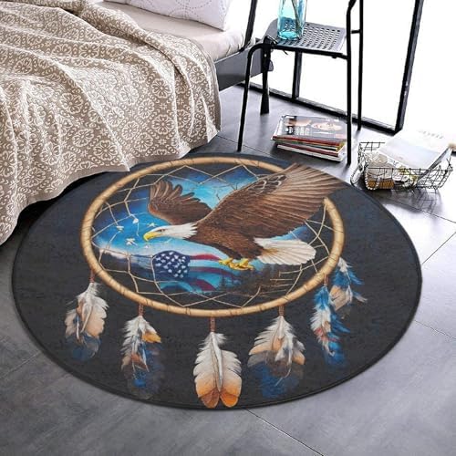 Room Sofa Yoga Soft Round Carpet, Home Decor Non Slip Kitchen Office Circle Rug, Machine Washable Modern Round Area Rug American Flag Boho Totem Native Eagle Dream Catcher, 60inch
