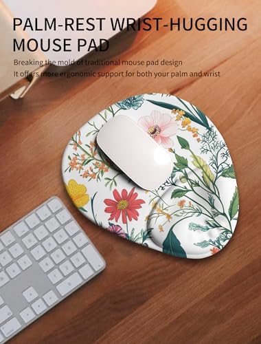 Palm-Rest and Wrist-Hugging Mouse Pad Wrist Rest, Ergonomic Wrist Support with Curve Fitting Cushioned Memory Foam for Carpal Tunnel Pain Relief, 9.9 x 8.3 Inch, Blossoms