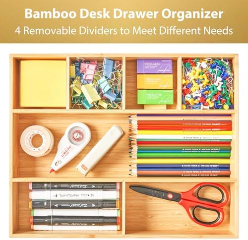 Umilife Large Bamboo Desk Drawer Organizer, Wood Office Junk Tray, 15"x12"