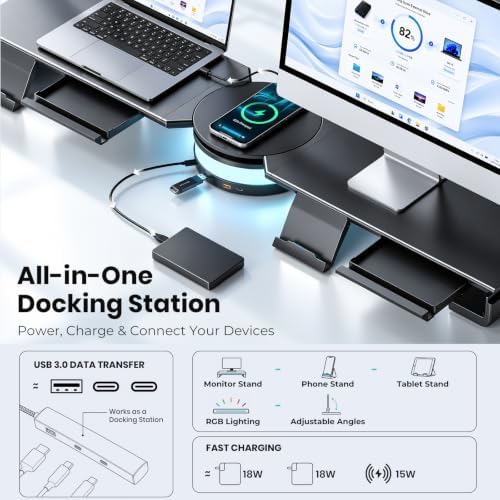 Dual Monitor Stand Riser with USB Hub, 15W Wireless Charging & RGB
