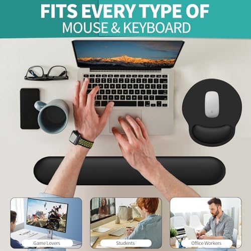 eulps Mouse Pad Wrist Support, Ergonomic Memory Foam Keyboard Wrist Pad & Gel Wrist Rest Set for Computer Keyboard for Easy Typing & Pain Relief for Office & Home(Black Set)