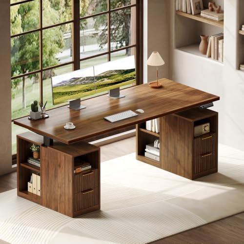 OffiGo Fluted 63 Inch Electric Standing Desk with 2 Storage Cabinet, Walnut