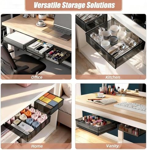 3 Pack Under Desk Drawer Slide Out Storage Organizer, Transparent Black Hidden Desktop Drawer Attachment with 3 Sizes (S/M/L), Adhesive or Screw-Mount Table Tray for iPads, Journals & Desk Accessories