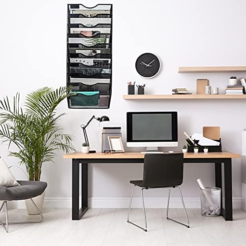 EASEPRES 10 Pocket Mesh Hanging Wall File Organizer, Wall Mounted Mail Paper Document Folder Holder, Clipboard Storage Organization Magazine Rack with Nametag Label for Office Home School, Black