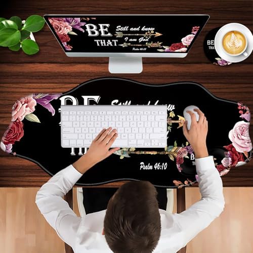 Mouse Pad with Wrist Support + Desk Mat + Coaster 3 in 1 Set, XXL Large Gaming Mousepad Ergonomic Mouse Pads for Desk Computer Laptop Office,Bible Verse Psalm 46-10 Adorable Peony Flower