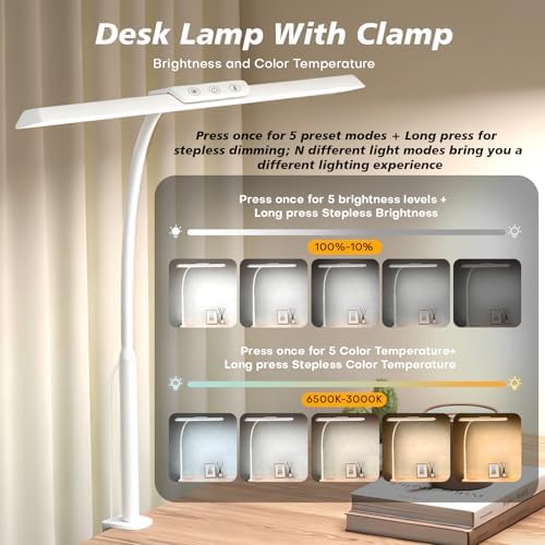 MOICO LED Desk Lamp with Clamp for Office Home-(White, 14.8in)