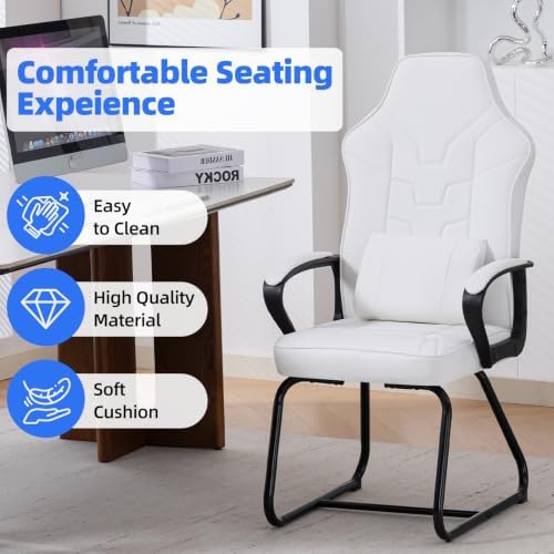 Leather Office Guest Chair No Wheels High Back Computer Reception Chairs with Padded Arms Waist Pillow for Gaming Meeting Conference Waiting Room, White