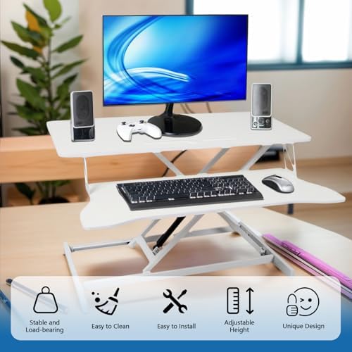 Standing Desk Converter, 32" Wide Height Adjustable Sit Stand Up Desk Riser with Keyboard Tray, Desktop Workstation Riser for Home Office Computer Laptop, Particle Board (White)