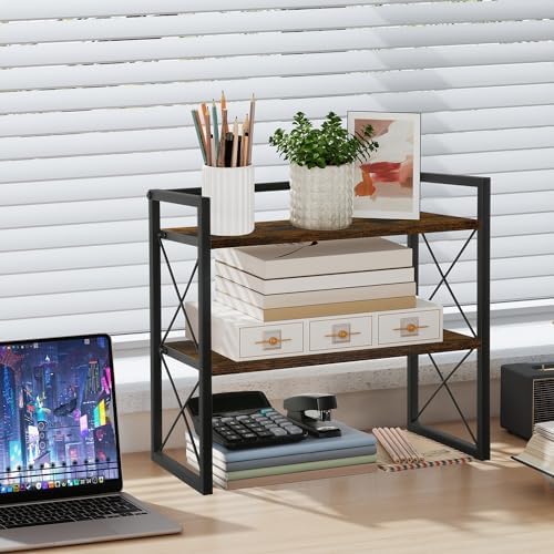 YINMIT Desktop Shelf Organizer, 2 Tier Office Shelves, Wood Desk Organizer Storage Rack and Freestanding Display Shelf for Office, Dormitory, Home