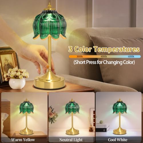 Cordless Table Lamp, Rechargeable Dark Green Glass Lotus Flower Lamp