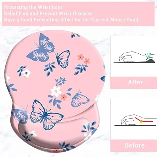 Ergonomic Wrist Support Mouse Pad - Comfortable Computer Mouse Pad with Non-Slip PU Base for Home Office Working Gaming (Blue Butterfly on Pink)