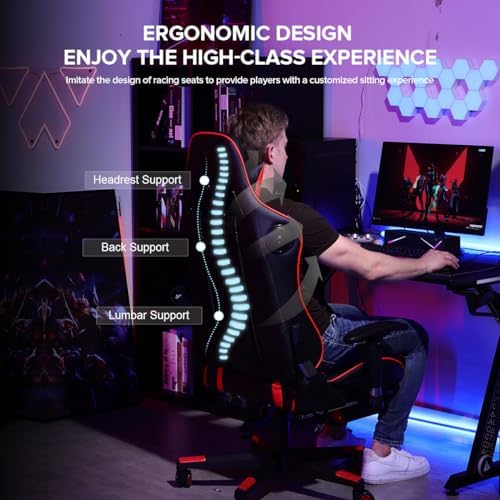 GTPLAYER Gaming Chair with Footrest Speakers Video Game Chair Bluetooth Music Heavy Duty Ergonomic Computer Office Desk Chair Red