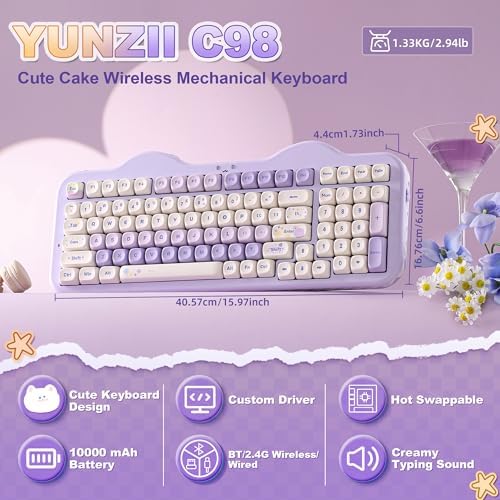 YUNZII C98 Cute Cake Wireless Mechanical Keyboard (Purple, Candy Switch)