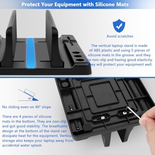 Vertical Laptop Stand Holder, ABS Organizer with Adjustable Dock, 3/4 in 1 Design Extra Storage Space-Saving, Sturdy Laptop Computer Holder for PC, MacBook, Mini PC, iPad (Black, 1 Slot)