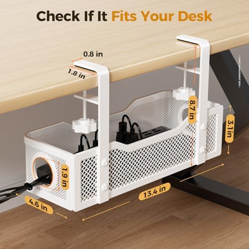 2 Pack Under Desk Cable Management Box White, Cinati 26.8" Wire Organizers No Drill, Cord Organization Tray with Clamp for Office, Home - No Damage to Desk
