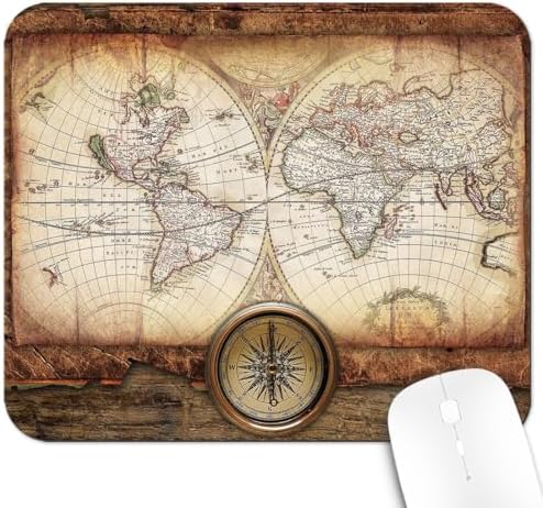9.5x7.9 Inch Office/Gaming Mouse Pad, Nostalgic Vintage World Map & Brass Compass Antique Nautical Exploration, Cute Anti-Slip Mat for Desk Decor