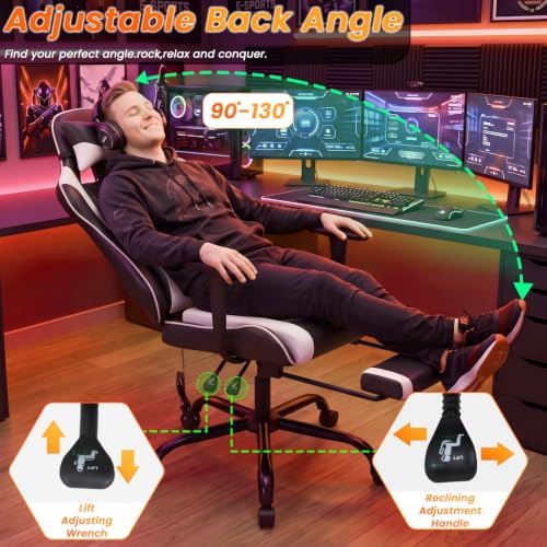 BestOffice Massage Gaming Chair with Footrest, Office Desk Chair, White
