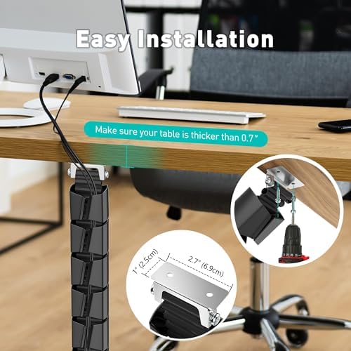 Heavy Duty Screw-in Cable Management Spine, 4-Channel Under Desk Vertebrae Cord Organizer for Wood & Laminate Standing Desks, Adjustable Floor-to-Desktop Wire Raceway with Weighted Base