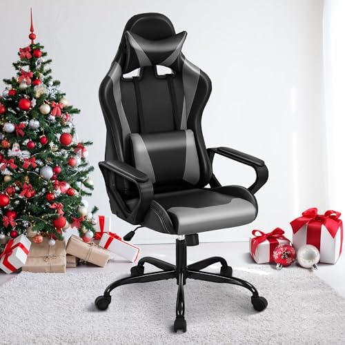 Grey Gaming Chair PC Office Chair, High Back Computer Chair Gaming Chairs for Adults, Ergonomic Desk Chair Office Gaming Chair with Wheels, Reclining Gamer Chair, Adjustable Headrest Lumbar Support