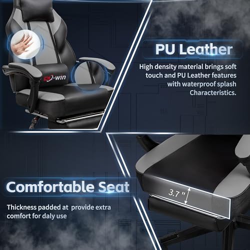 Gaming Chair, Computer Chair with Footrest and Lumbar Support,Video Game Chair Height Adjustable,Racing Style Computer Chair with 360°-Swivel Seat and Headrest (Grey)