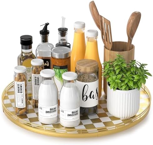 AMH 16-Inch Gold and White Checkerboard Lazy Susan with Rubberwood Base