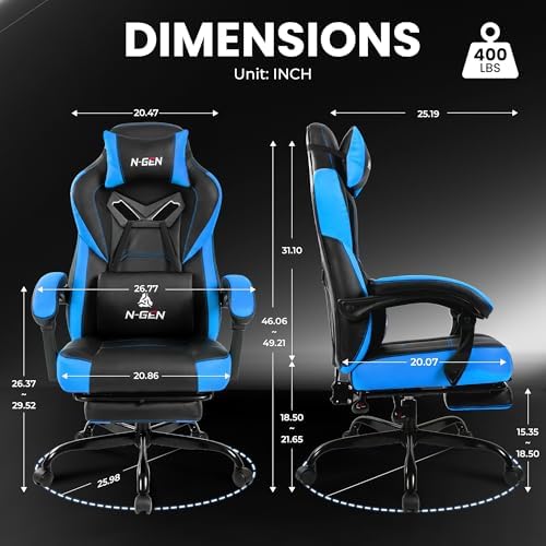 Gaming Chairs with Footrest, Big and Tall Gamer Chair with Headrest and Lumbar Support for Adults, Blue