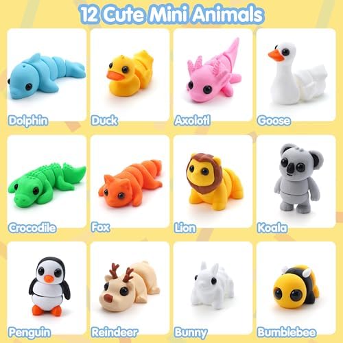 JOYIN 12 Pcs 3D Printed Animals Set, Mini Animals 3D Printed Toys - Cute Articulated Flexible Figurines Fidget Toys for Party Favors Birthday Gifts Desk Pets Office Home Decor