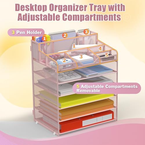 Docnest 6 Tier Mesh Desk Organizer with Letter Tray & Paper Sorter, Pink