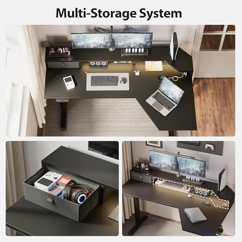 Agilestic 63*35 Inch L Shaped Standing Desk with Shelf & Led& Outlet, Black