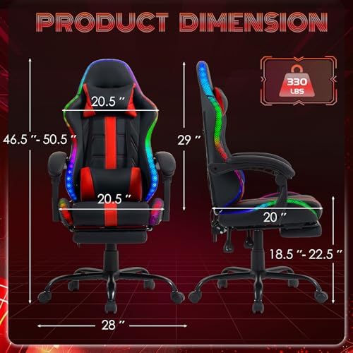 ECOTOUGE Gaming Chair with Footrest, Lumbar Massage & RGB LED Lights, Red