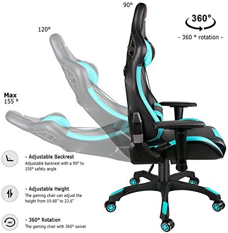Leopard Gaming Chair, High Back PU Leather Office Chair, Adjustable Video Gaming Chairs, Swivel Racing Chair with Adjustable Armrest (Black/Light Blue)