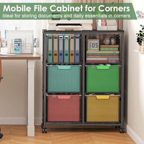 Sbanmao 6 Drawer Lateral File Cabinet with Wheels, Mobile File Cabinet & Printer Stand, Heavy Duty Wood Top for Large Printers, Under Desk Storage Cabinet Fits Letter Size Files for Home Office, Black