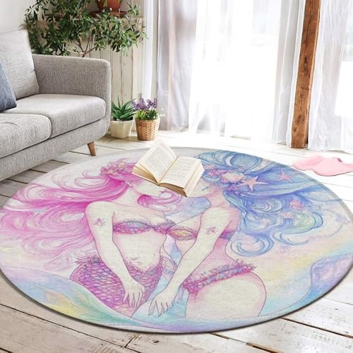 Machine Washable Modern Round Area Rug, Room Sofa Yoga Soft Round Carpet, Home Decor Non Slip Kitchen Office Circle Rug Lesbian Mermaid Anime Girl Love LGBT Pride, 24inch