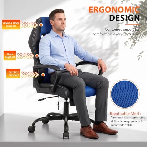 Office Chair Gaming Chair Ergonomic Massage Chair PU Leather Executive Seat with Swivel Base, Massage Lumbar Support, and Padded Armrests (Blue)