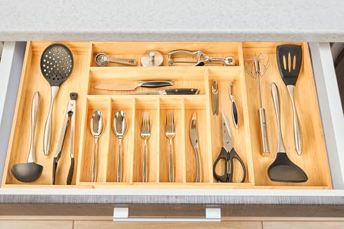 Umilife Extra Large Expandable Kitchen Siverware Utensils Drawer Organizer, 19" Deep for Big Drawer, Adjustable Bamboo Wood Drawer Divider with Curved Grooves, Cutlery Tray Flatware Holder