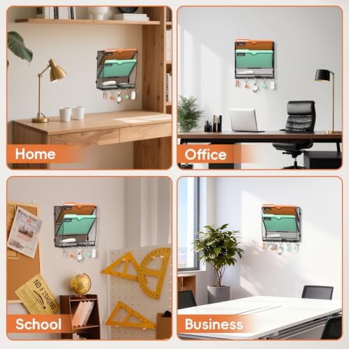 Wall File Holder Hanging Wall File Organizer, Wall Mount Mail Holder and Paper Organizer with Bottom Shelf & 5 Hooks for Office Home School (3-Tier 2Pack)