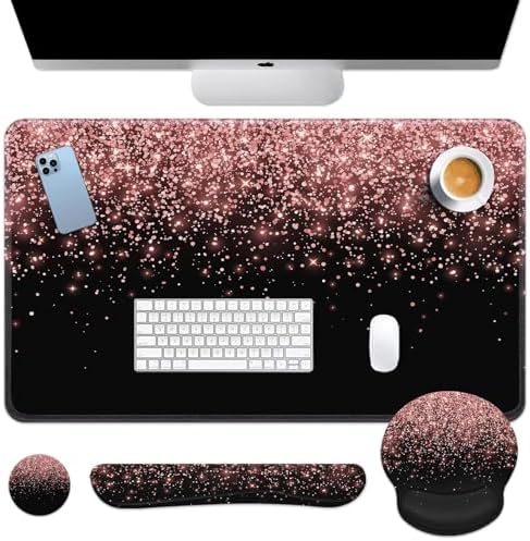 Britimes Keyboard Mouse Pad Set, 4 in 1 Desk Mat Set, Pink Rose Gold