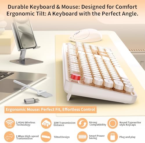 Wireless Keyboard Mouse, MOFII 104 Keys Cute Retro Typewriter Coffee