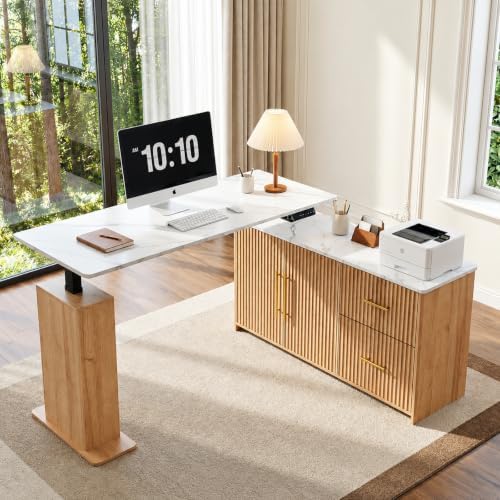 NORTHSKY 55" L-Shaped Electric Standing Desk with Drawers and Storage Cabinet, Height Adjustable Corner Desk for Home Office, 3 Memory Presets, Natural Oak & White Marble