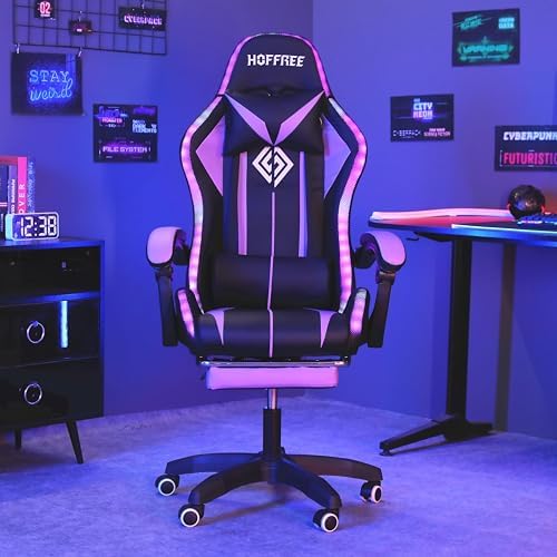 HOFFREE RGB Gaming Chair with Speakers Massage LED Lights Game Chair-Purple