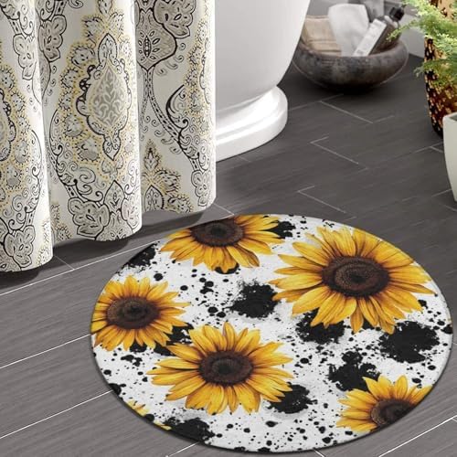 Room Sofa Yoga Soft Round Carpet, Home Decor Non Slip Kitchen Office Circle Rug, Machine Washable Modern Round Area Rug 80s Vintage Sunflower Cow Print, 24inch