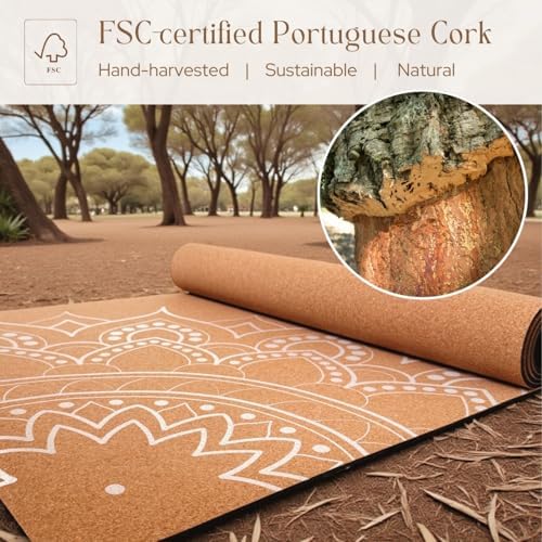 Designer Cork Yoga Mat – Signature Aesthetics on Quality Portuguese Cork with 5mm Solid Tree Rubber Base for Lasting Stability – Non Slip Grip, Odor Free and Non Toxic