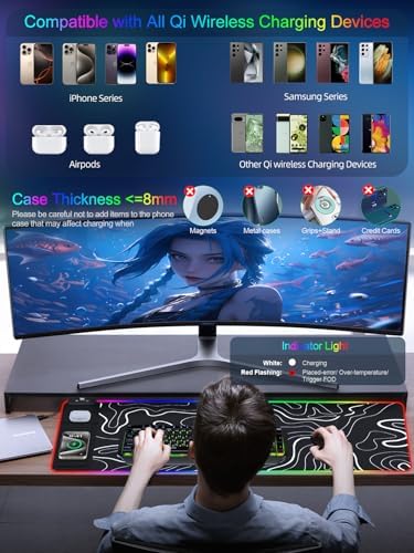 XXL Mouse Pad with Phone Holder - Black, RGB Desk Mat with 15W Fast Charging, LED Gaming Mousepad with 11 Light Colors, Waterproof Non-Slip Pad for Office & Home (Topographic)