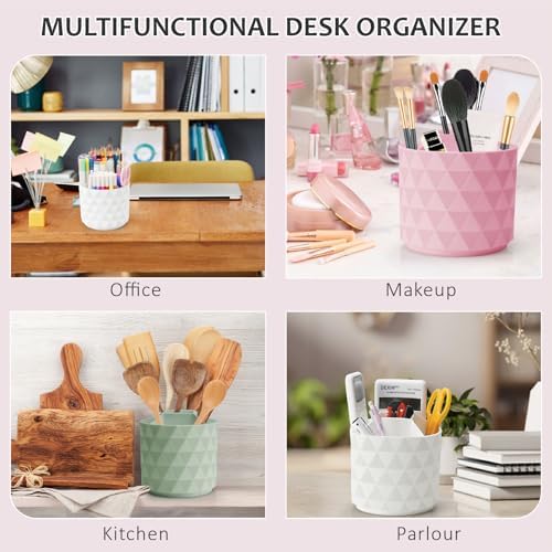 Desk Organizer, 360-Degree Rotating Pencil Pen Holders For Desk, Diamond Pattern Pen Organizer With 5 Compartments, Cute Desk Accessories Decor For Office, School,Home,Art Supply (Green)