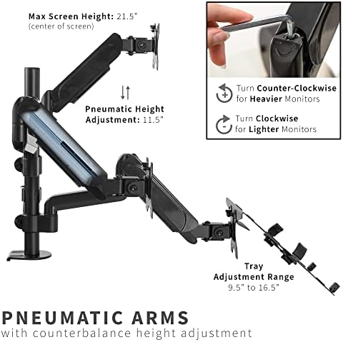 VIVO Laptop and Dual 17 to 32 inch Monitor Pneumatic Arm Mount, Fits 2 Flat or Curved Computer Screens and 10 to 15.6 Inch Notebooks, Laptop Tray, C-clamp, Grommet Mounting Base, Black, STAND-V003KL