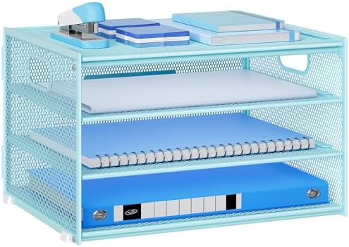 Lavatino 3-Tier Letter Tray Desk Organizer, Mesh Metal Paper File Tray Organizer for Desk, Office Supplies & Home Organization, Fits A4 Paper, Mail, Magazines & Office Accessories (Blue with Handle)