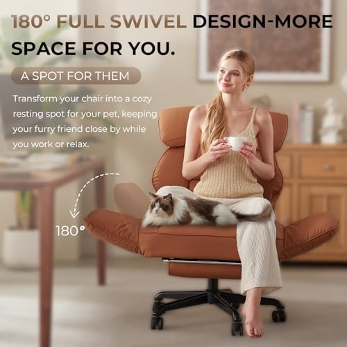 Dowinx Cross Legged Office Chair with Pivoting Armrests,Criss Cross Chair with Pocket Spring Seat & Back,Reclining Computer Gaming Chair with Footrest and Metal Base (Brown)